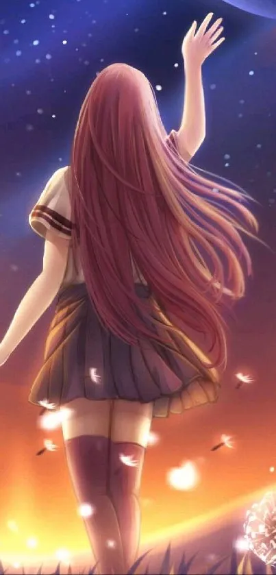 Anime girl under a starry evening sky reaching up.