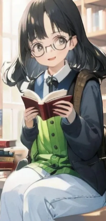 Anime girl reading book in a cozy library setting.