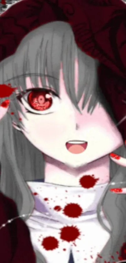 Anime girl with red eyes in a gothic style, mysterious ambiance.