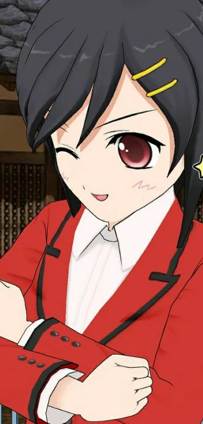 Anime girl in red suit with playful expression.