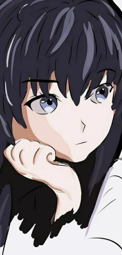 Anime girl with dark hair, reflective expression, hand on chin.