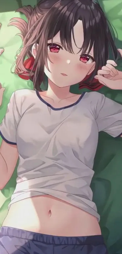 Anime girl lying down on a colorful bed, relaxing with hands outstretched.