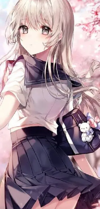 Anime girl with sakura bloom background, holding a bag, stylish and aesthetic.