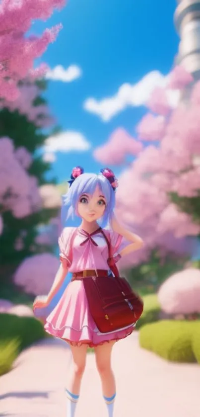 Anime girl stands on a sakura-lined pathway in a pink dress.