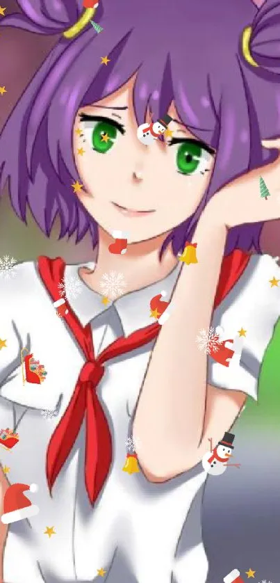 Anime girl with purple hair and sakura background.