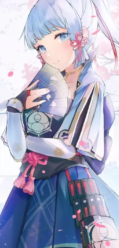 Anime girl with sakura petals and blue hues.