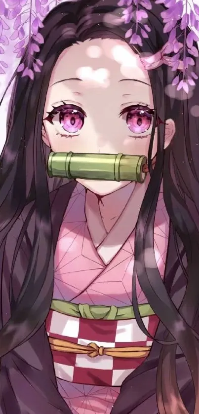 Anime girl with sakura blossoms and long dark hair, pink background.