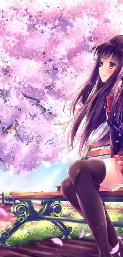 Anime girl sitting under pink cherry blossoms in a serene setting.