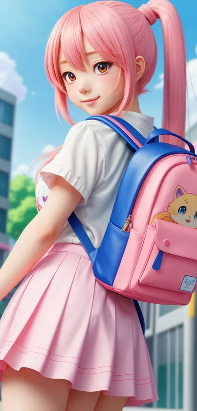 Anime girl with pink hair and blue backpack.