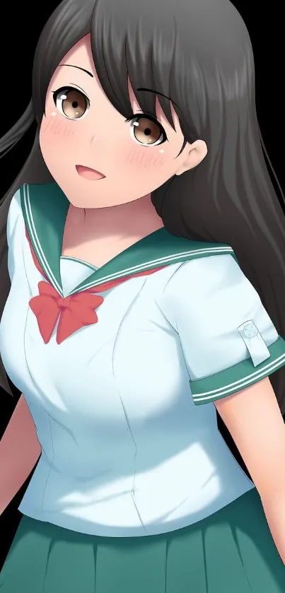 Anime girl in school uniform with dark hair and big eyes on a black background.