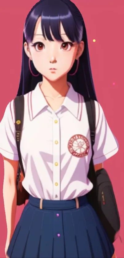 Anime girl with long dark hair in school uniform on a pink background.