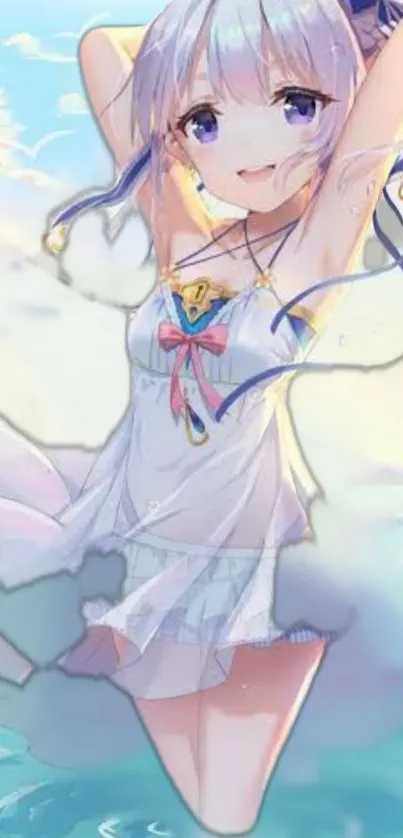 Anime girl in a white dress by the sea with pastel colors.