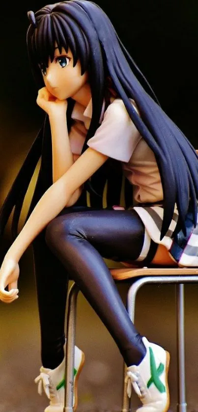 Anime girl sitting on a chair with thoughtful expression and long hair.