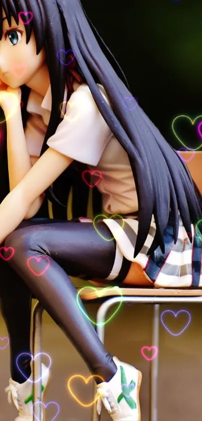 Anime girl sitting with neon heart backdrop.