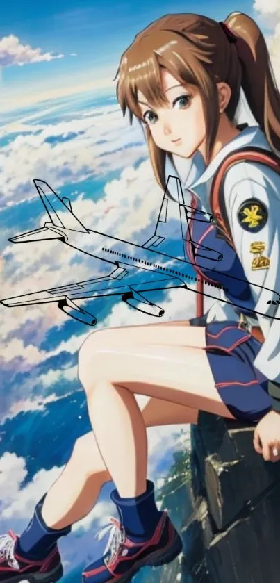 Anime girl and airplane in vibrant sky scene.