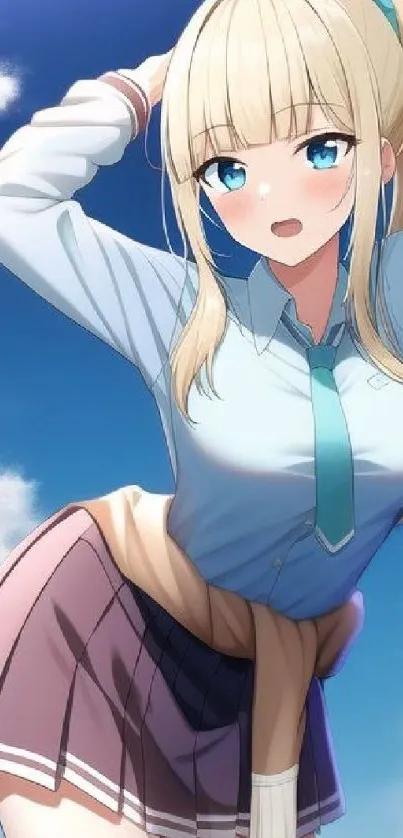 Anime girl with blonde hair against a blue sky background.