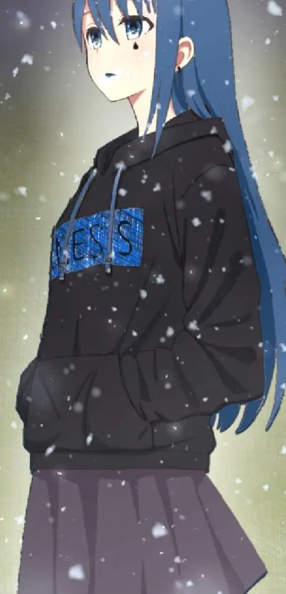 Anime girl with blue hair in a snowy scene.