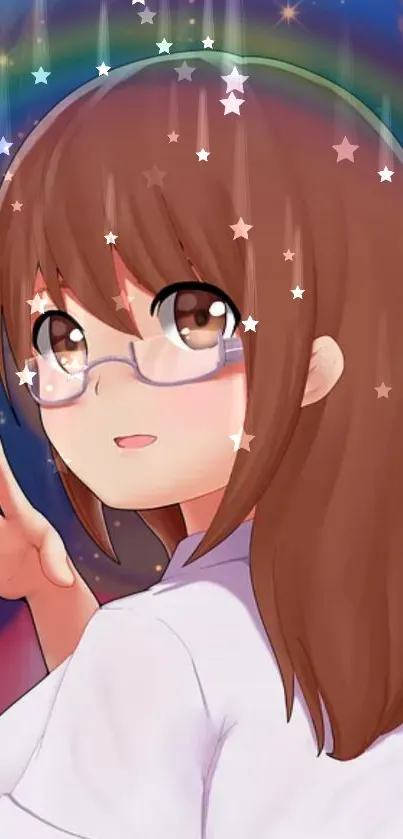 Anime girl with glasses under a starry sky.