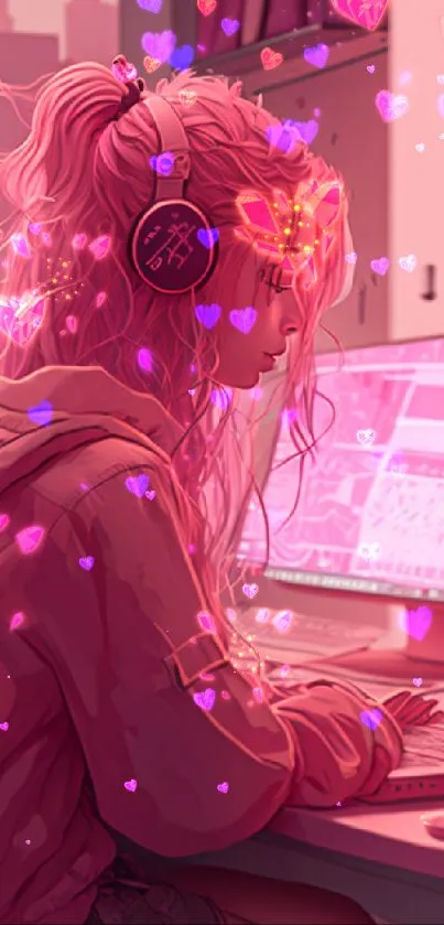 Anime girl studying with headphones in a serene pink room.