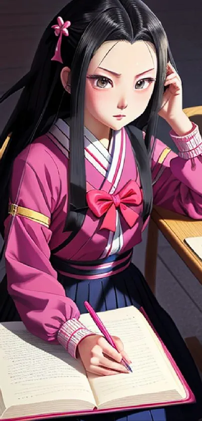 Anime girl in pink outfit studying at a desk with an open book.