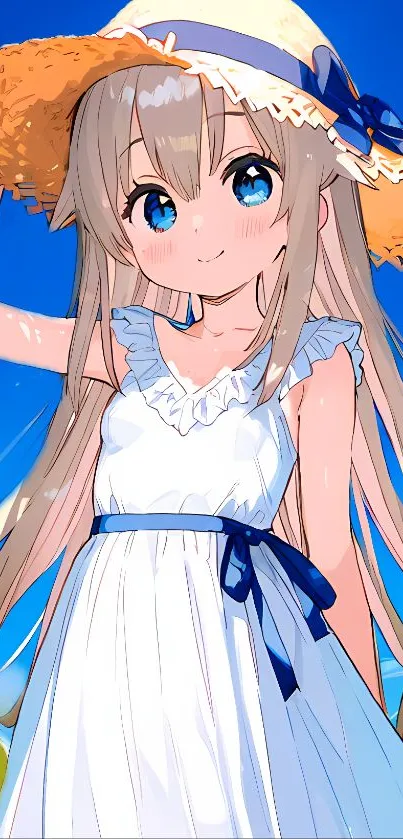 Anime girl in a white dress under a bright blue sky with a straw hat.