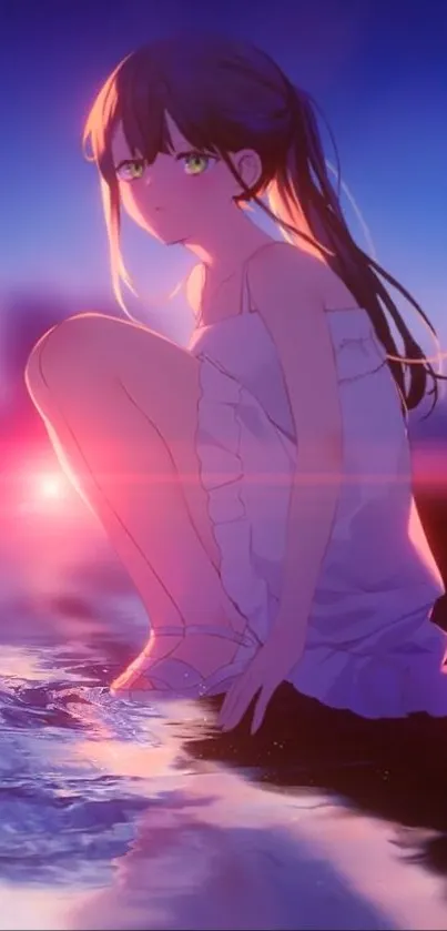 Anime girl sits by water at sunset with a serene reflection.