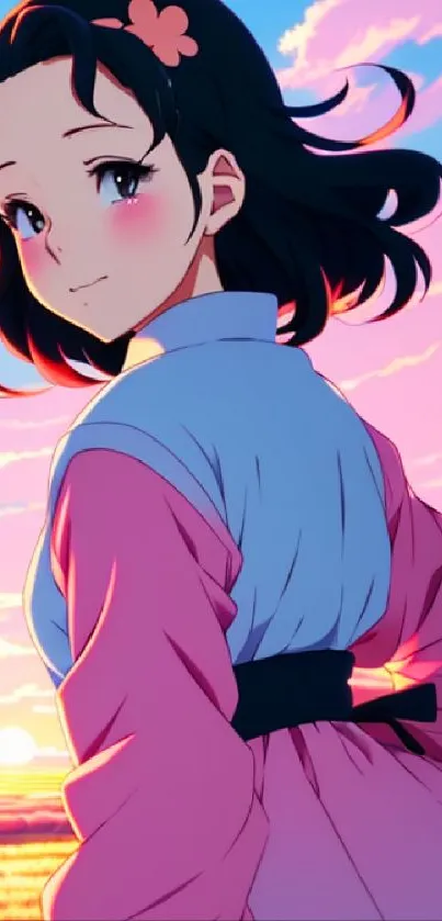 Anime girl standing against a vibrant pink sunset with a serene expression.