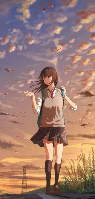 Anime girl stands under a vibrant sunset with dragonflies in the sky.