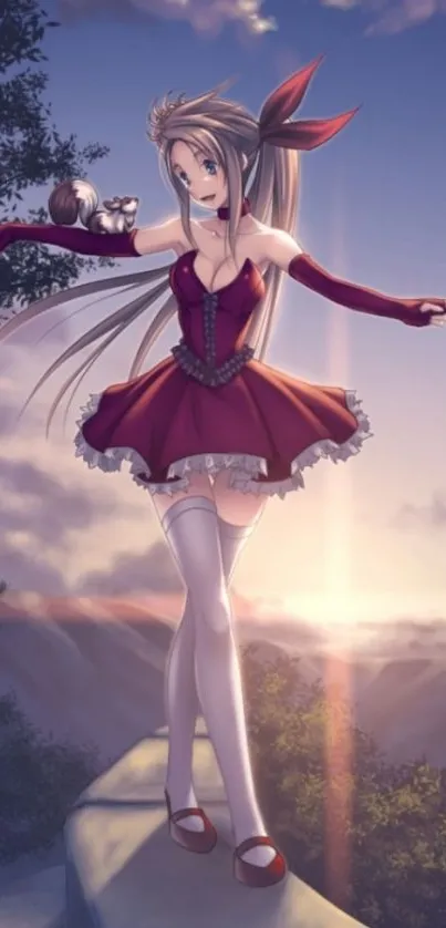 Anime girl in red dress with sunset background.