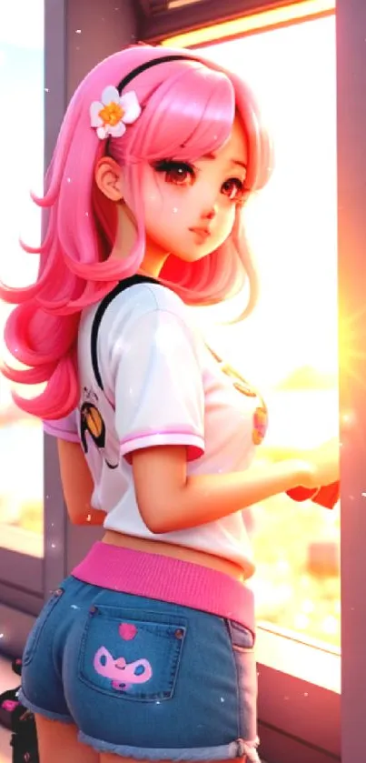 Anime girl with pink hair in sunset view through window.