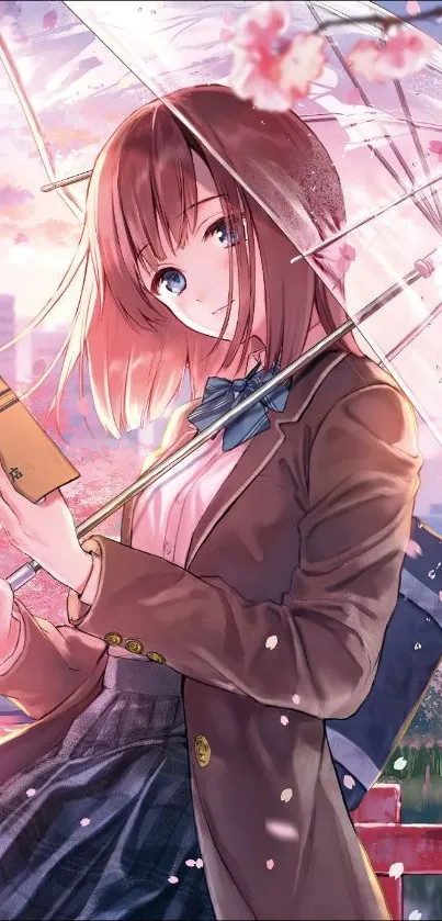 An anime girl with an umbrella under pink cherry blossoms.