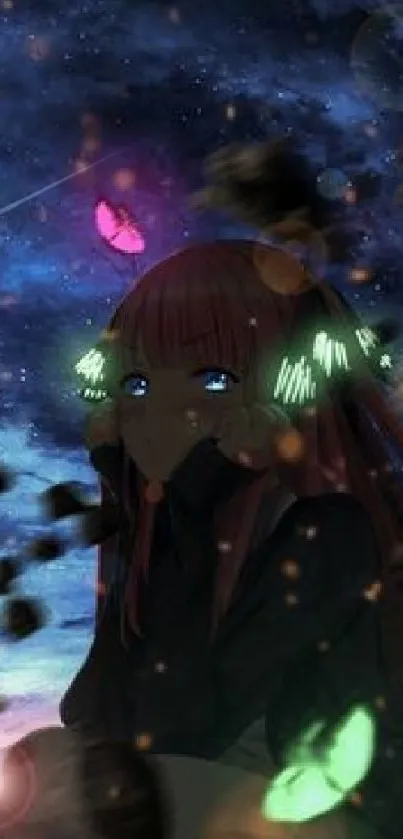 Anime girl under a starry sky with glowing butterflies.