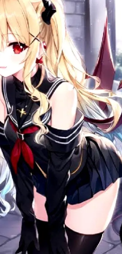 Anime vampire girl with blonde hair and gothic outfit on a mobile wallpaper.