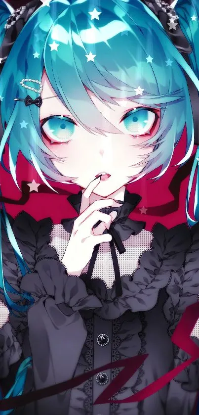 Vibrant anime girl with turquoise hair and captivating eyes on a mobile wallpaper.