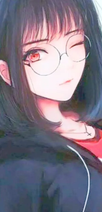 Anime girl with red eyes and glasses winks playfully.