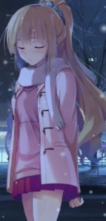 Anime girl in winter setting under a night sky.