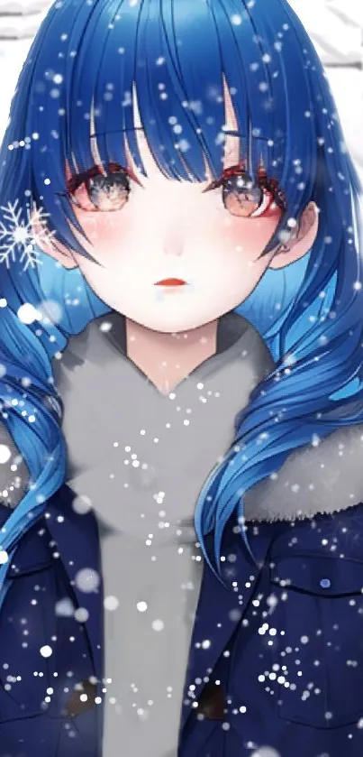 Anime girl with blue hair in a snowy winter setting.