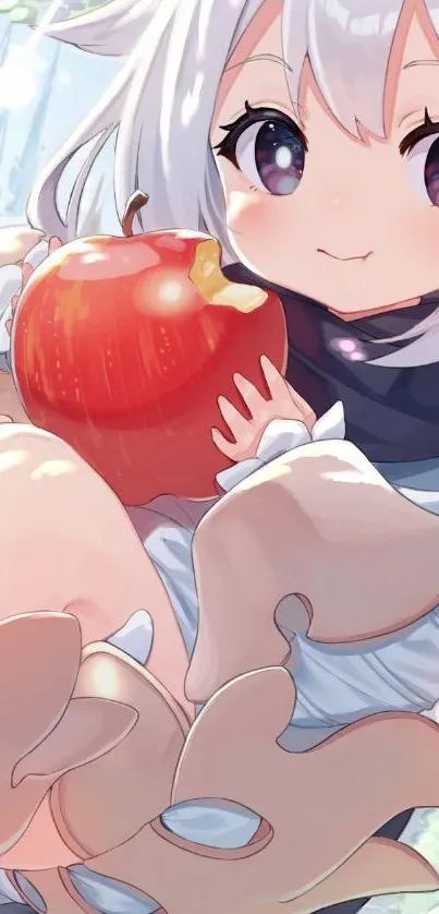 Cute anime character holding an apple in a vibrant illustration.