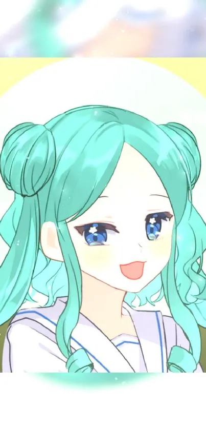 Anime girl with aqua hair and starry eyes in pastel colors.