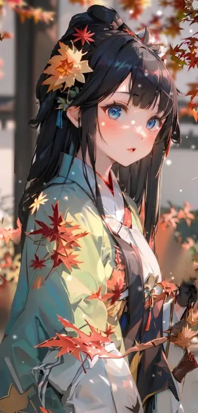 Anime girl surrounded by autumn leaves in a vibrant setting.