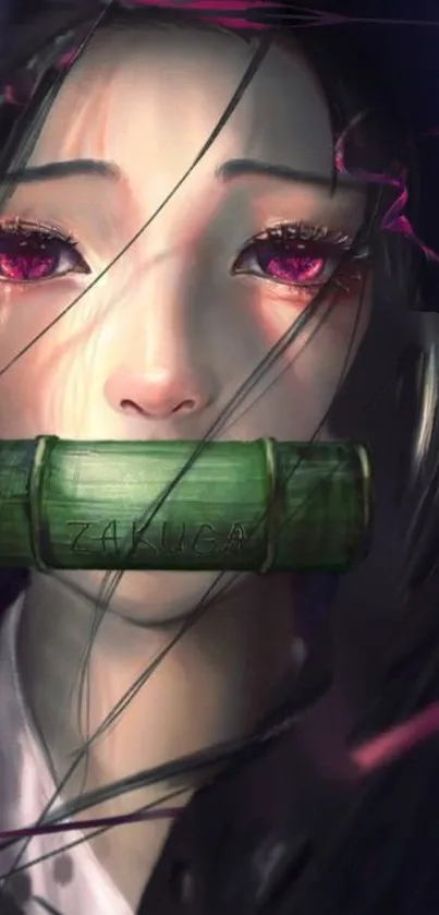 Anime girl with bamboo gag and vivid eyes in dark hues.