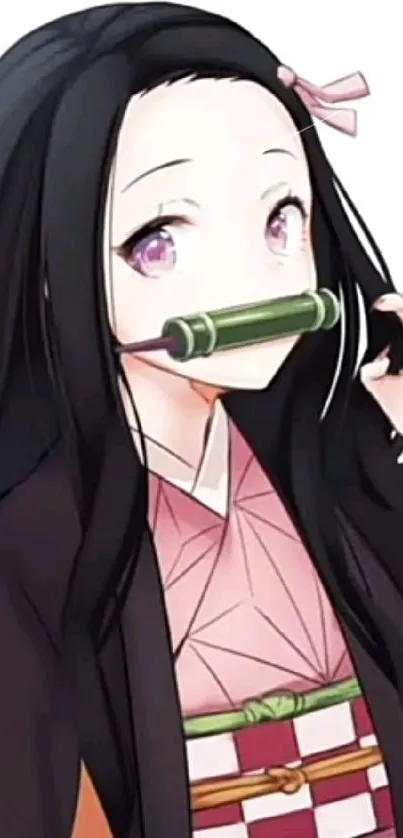 Anime girl with bamboo gag and long black hair.