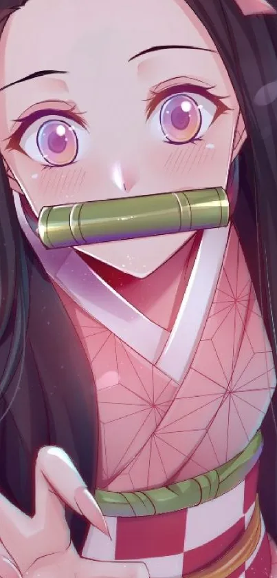 Anime girl with bamboo muzzle and pink background for mobile wallpaper.