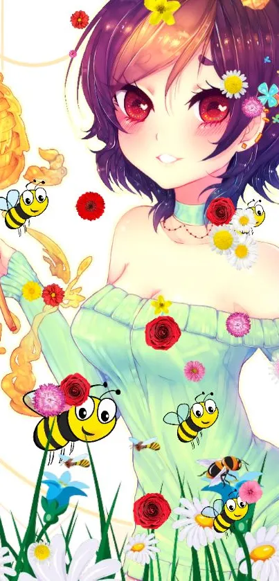 Anime girl with bees and flowers in vibrant colors.