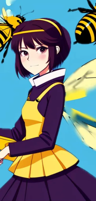 Anime girl in yellow dress with bees on a bright blue background.