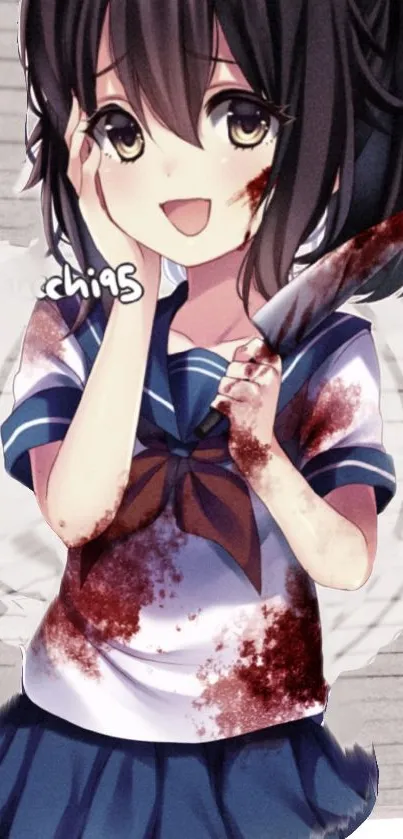 Anime girl in school uniform holding a bloody knife.