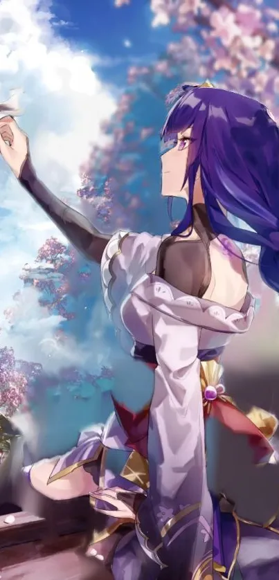 Anime girl with purple hair reaching out under cherry blossoms and blue sky.