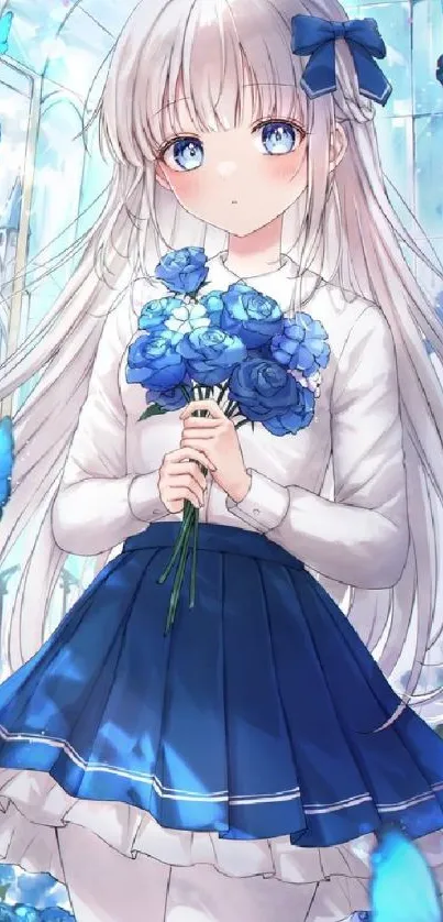 Anime girl with blue butterflies and flowers.