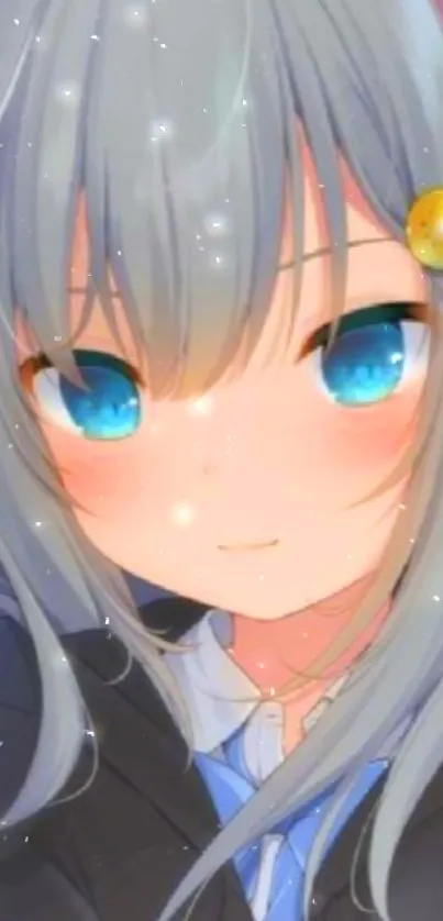 Anime girl with blue eyes and light gray hair, wearing a pretty outfit.