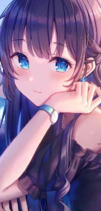 Anime girl with blue eyes looking serene.